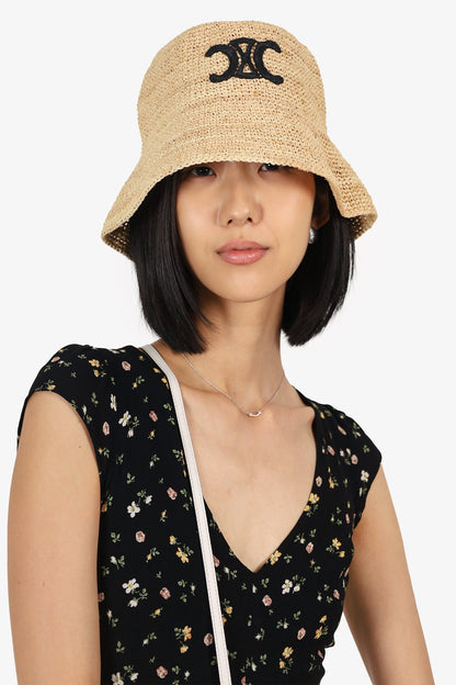Celine Neutral Logo Crest Raffia Bucket Hat Size S
