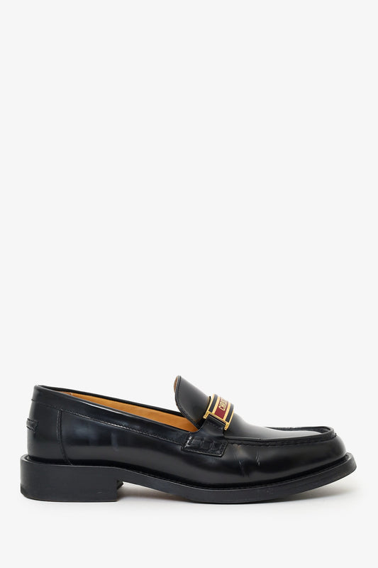 Christian Dior Black Leather Logo Plaque Loafers Size 37