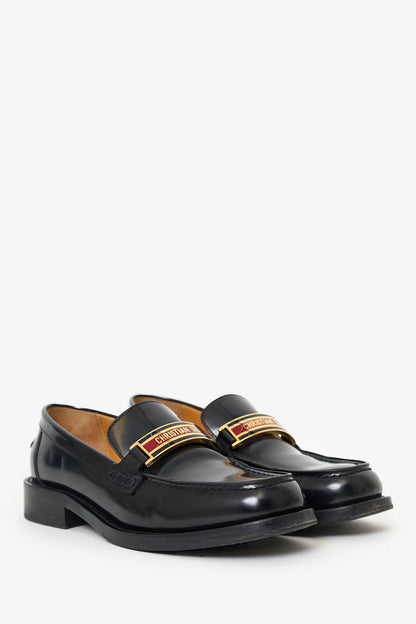 Christian Dior Black Leather Logo Plaque Loafers Size 37