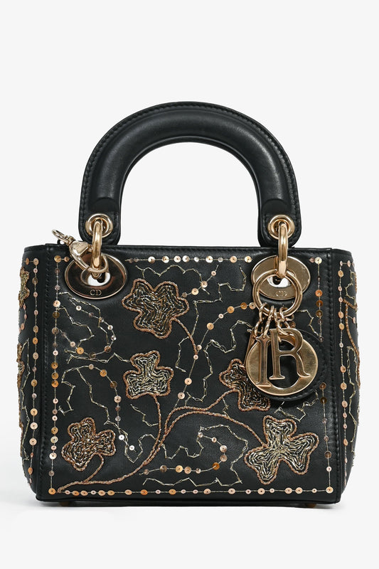 Christian Dior Black Leather Gold 'Clovers' Embroidered Mini DOR