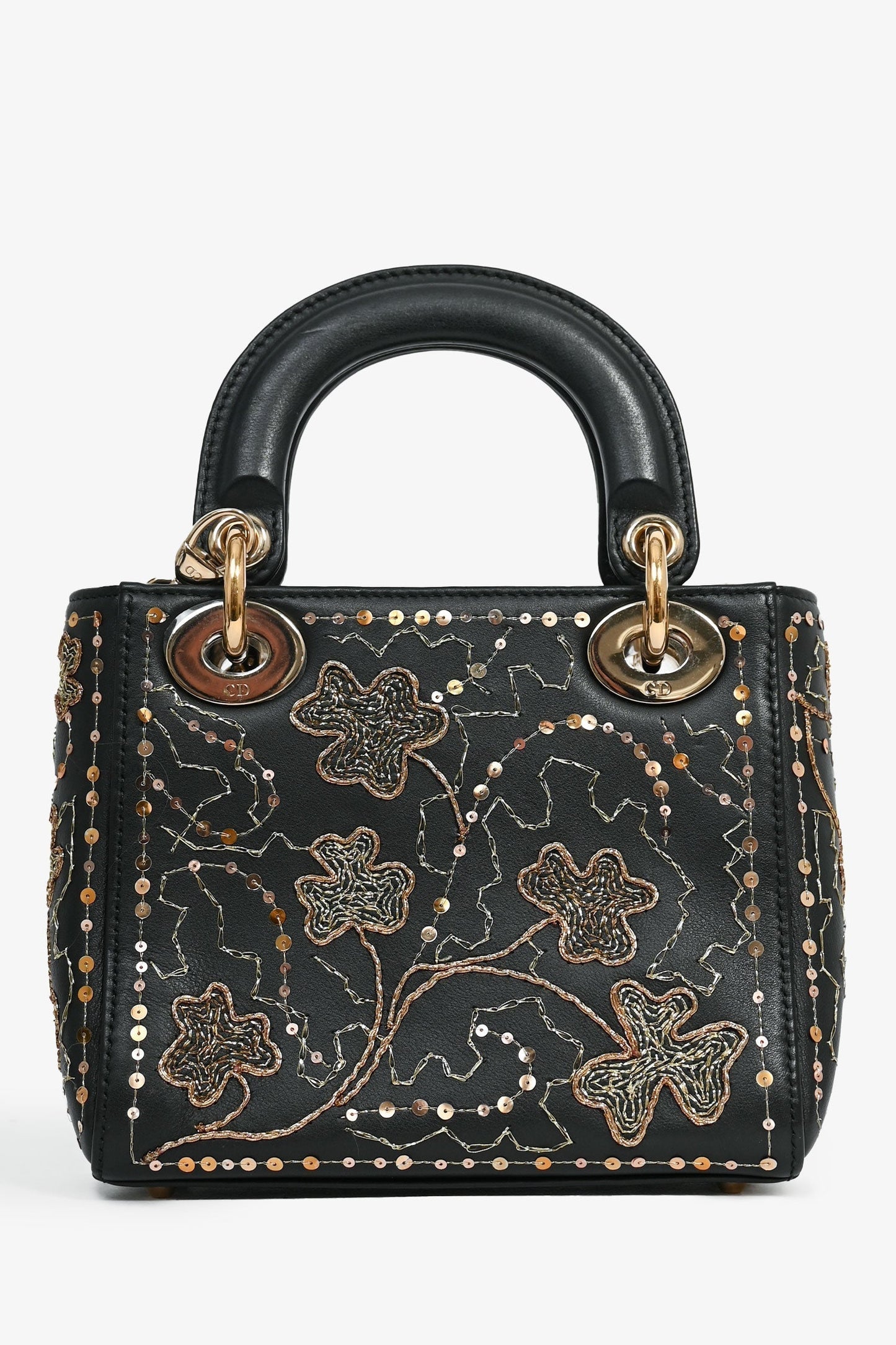 Christian Dior Black Leather Gold 'Clovers' Embroidered Mini DOR