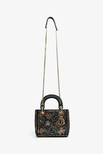 Christian Dior Black Leather Gold 'Clovers' Embroidered Mini DOR