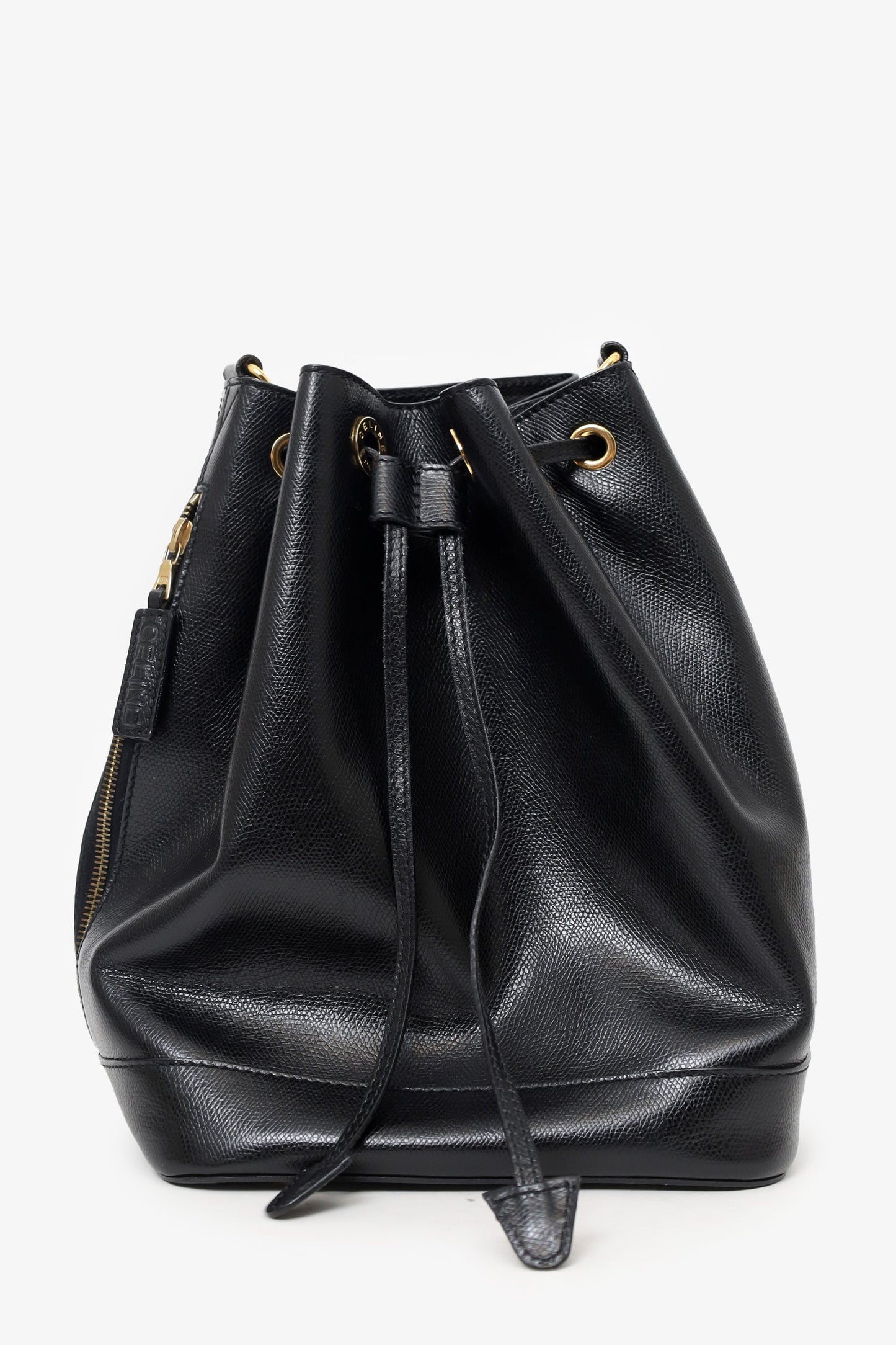 Celine Black Leather Plain Drawstring Bucket Bag