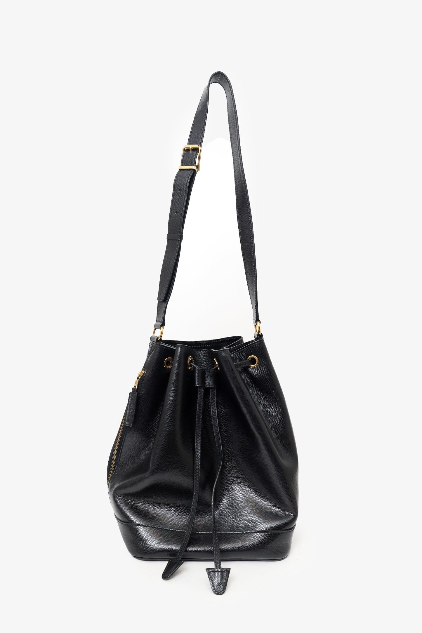 Celine Black Leather Plain Drawstring Bucket Bag