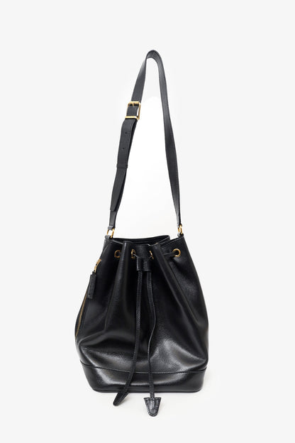 Celine Black Leather Plain Drawstring Bucket Bag