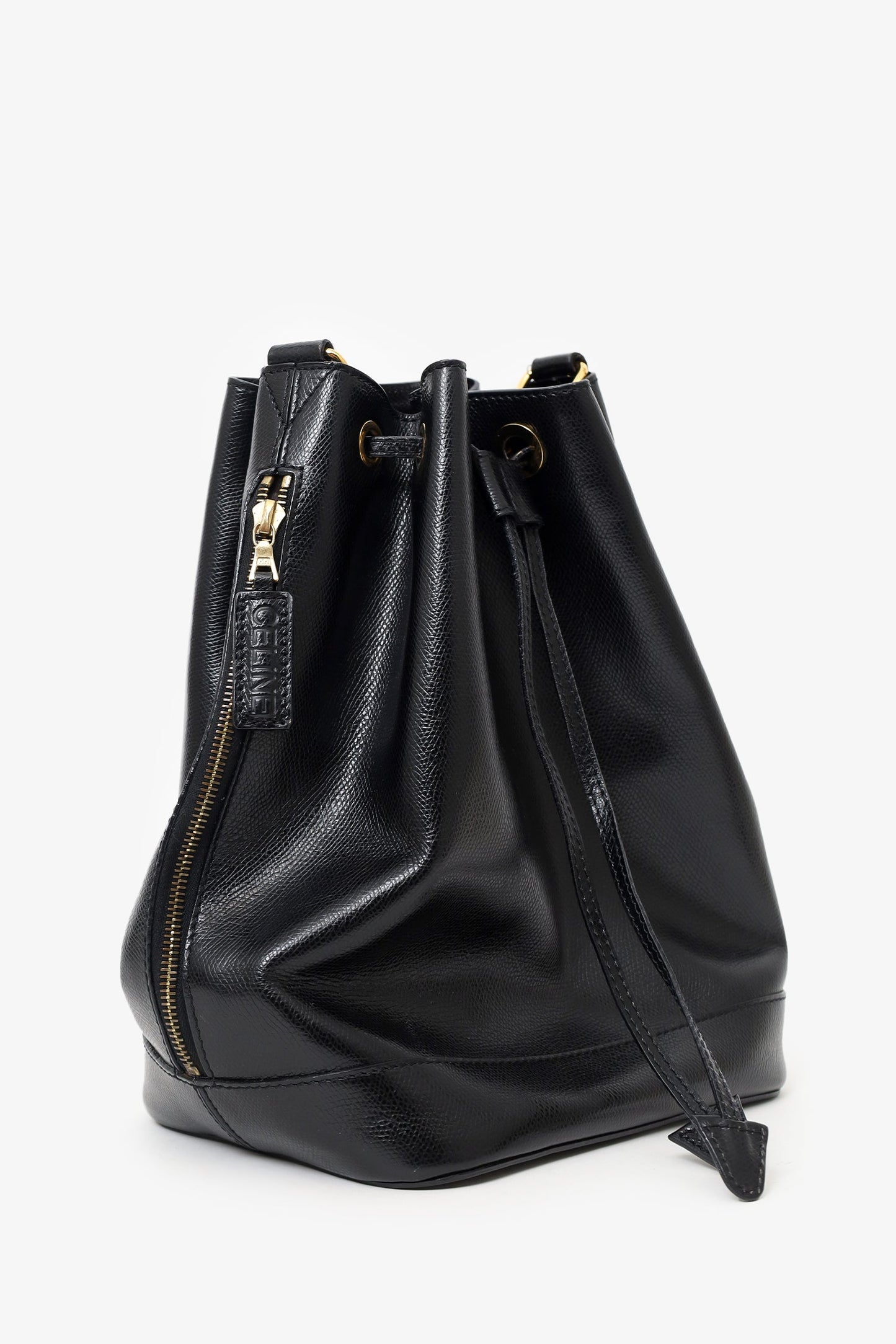 Celine Black Leather Plain Drawstring Bucket Bag