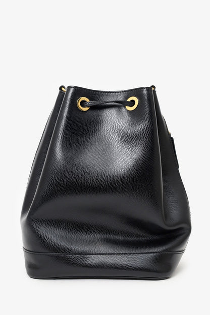 Celine Black Leather Plain Drawstring Bucket Bag