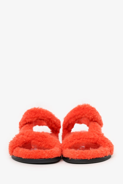 Fendi Orange Zucca FF Logo Shearling Sandals Size 37