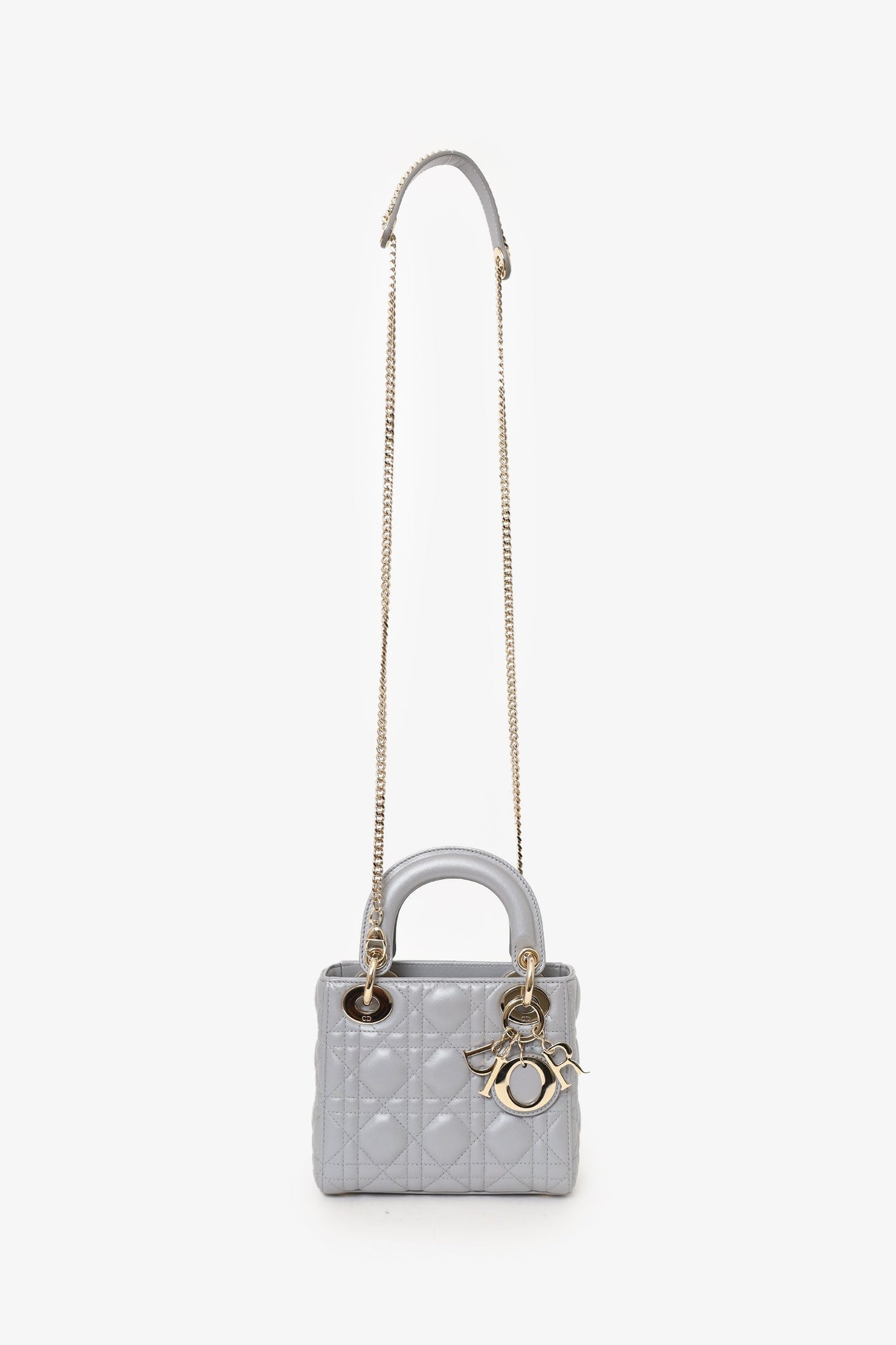 Christian Dior 2019 Grey Leather Cannage Mini Lady Dior with Strap