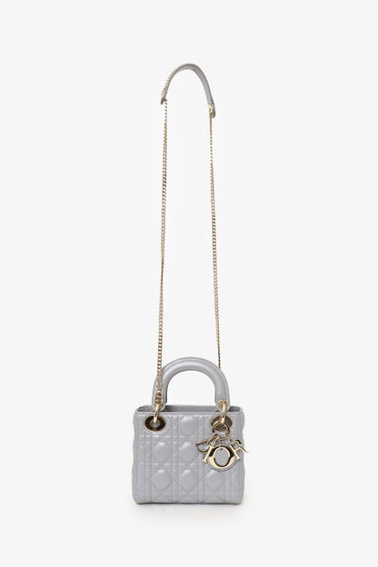 Christian Dior 2019 Grey Leather Cannage Mini Lady Dior with Strap