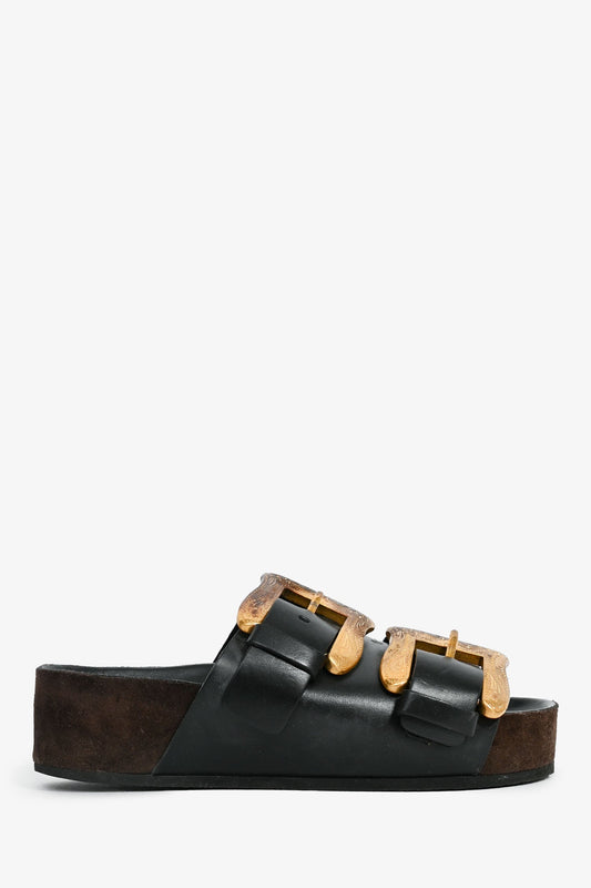 Celine Vintage Black Leather/Brown Suede Buckle Sandals Size 35 (As Is)