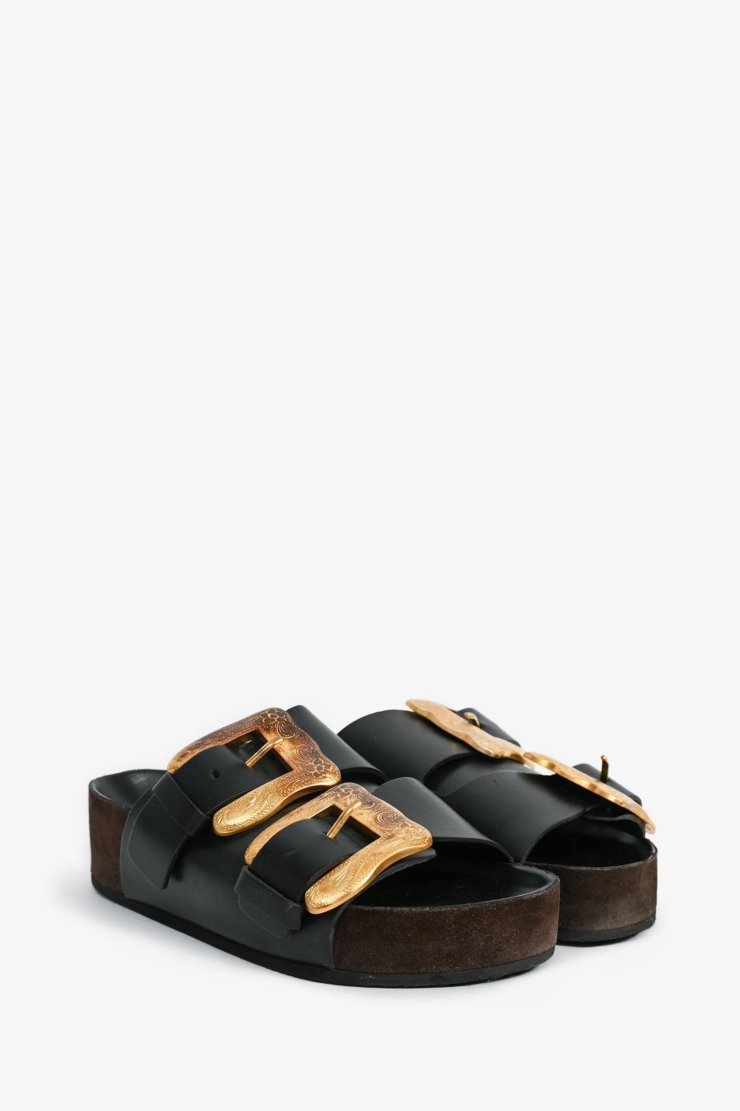 Celine Vintage Black Leather/Brown Suede Buckle Sandals Size 35 (As Is)