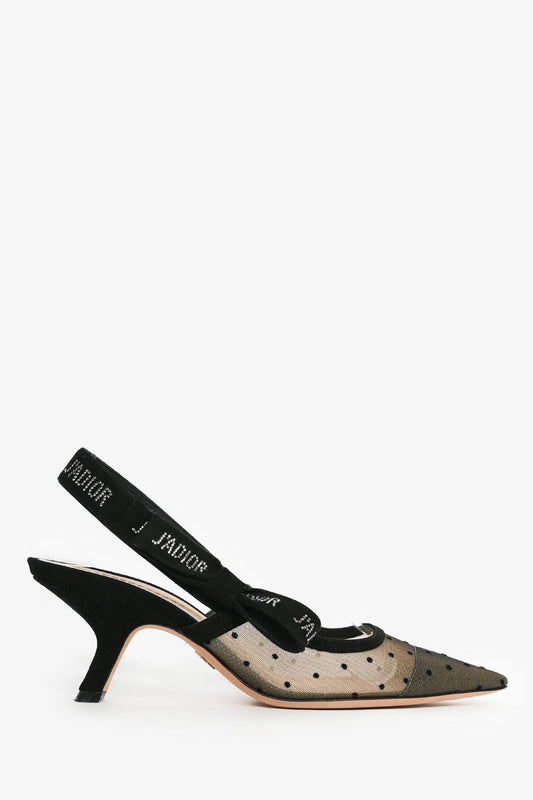 Christian Dior Black Polka Dot Mesh J'Adior Slingback Heels Size 36.5