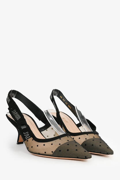 Christian Dior Black Polka Dot Mesh J'Adior Slingback Heels Size 36.5