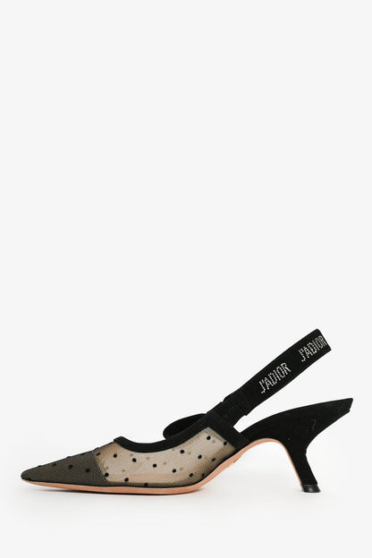 Christian Dior Black Polka Dot Mesh J'Adior Slingback Heels Size 36.5