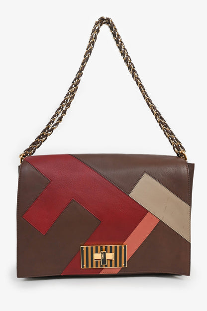 Fendi Brown/Red Leather 'Claudia' Shoulder Bag (As Is)