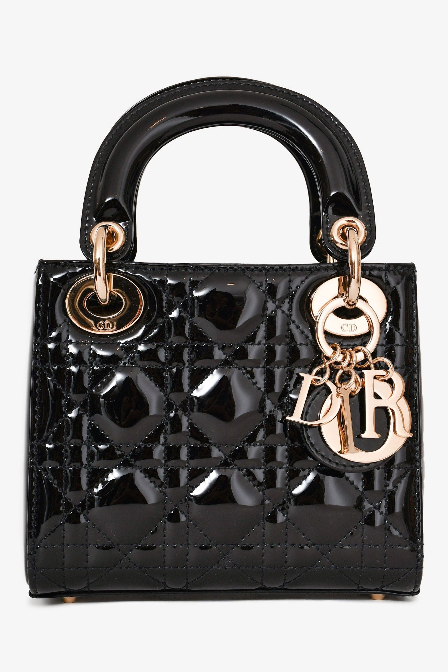 Christian Dior 2021 Black Patent Leather Mini Lady Dior Bag with Strap