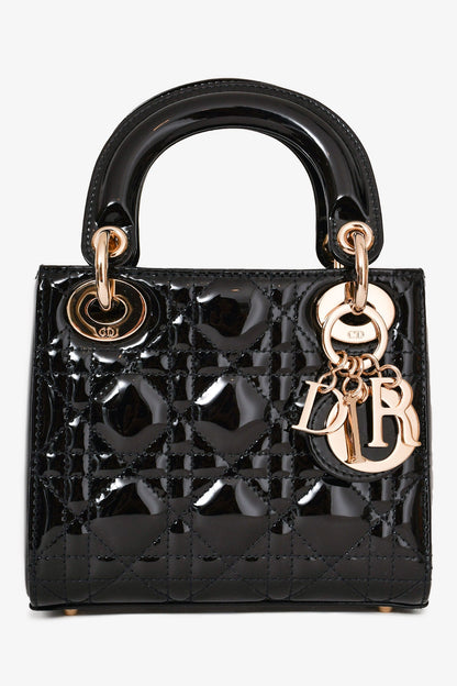 Christian Dior 2021 Black Patent Leather Mini Lady Dior Bag with Strap