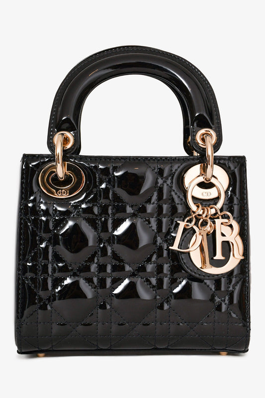 Christian Dior 2021 Black Patent Leather Mini Lady Dior Bag with Strap