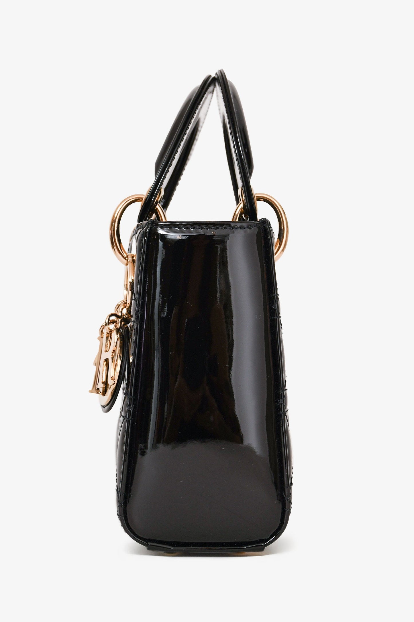 Christian Dior 2021 Black Patent Leather Mini Lady Dior Bag with Strap