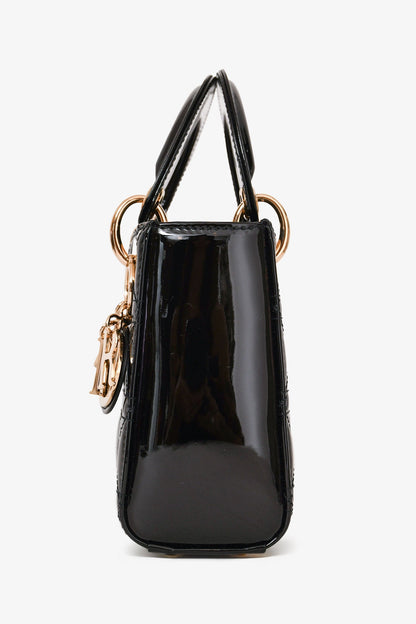 Christian Dior 2021 Black Patent Leather Mini Lady Dior Bag with Strap