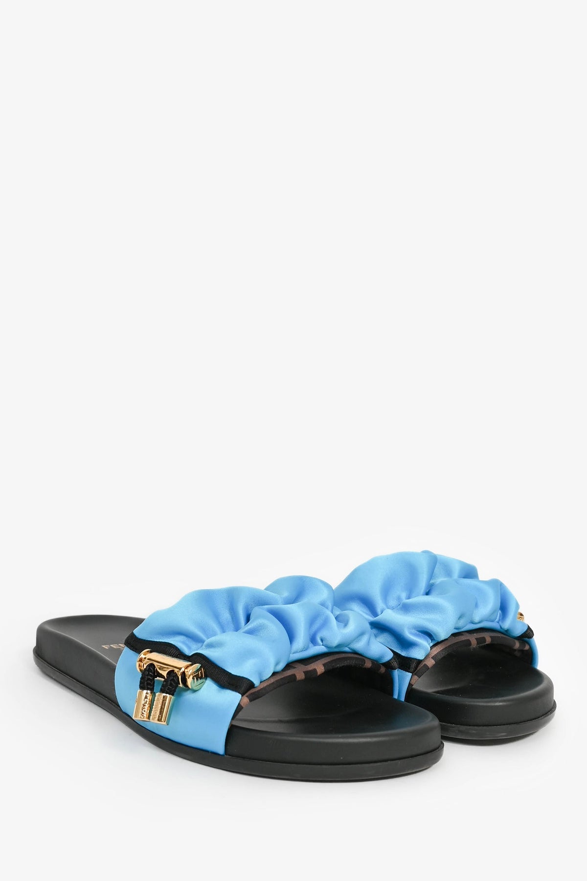 Fendi Zucca FF Blue Satin Pull Toggle 'Feel' Slides Size 37