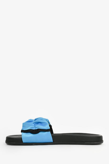 Fendi Zucca FF Blue Satin Pull Toggle 'Feel' Slides Size 37