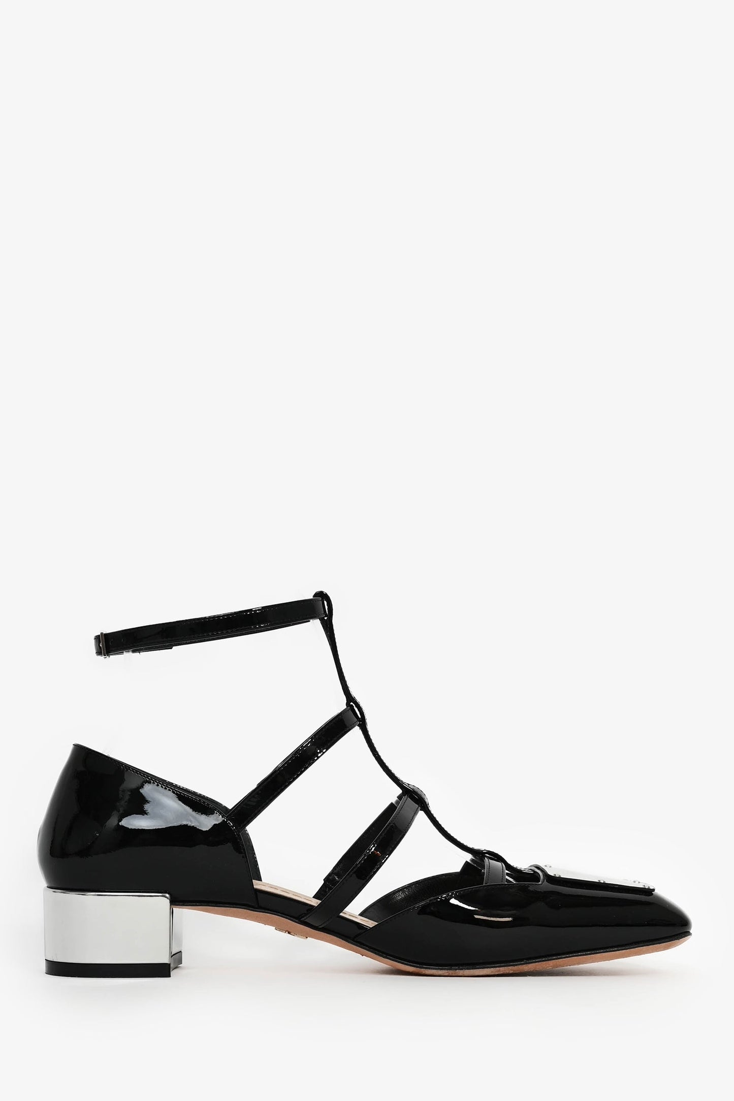 Christian Dior Black Patent T-Strap Silver Block Heels Size 37
