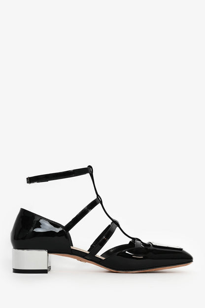 Christian Dior Black Patent T-Strap Silver Block Heels Size 37