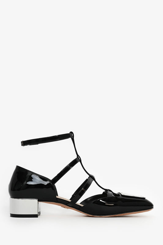 Christian Dior Black Patent T-Strap Silver Block Heels Size 37