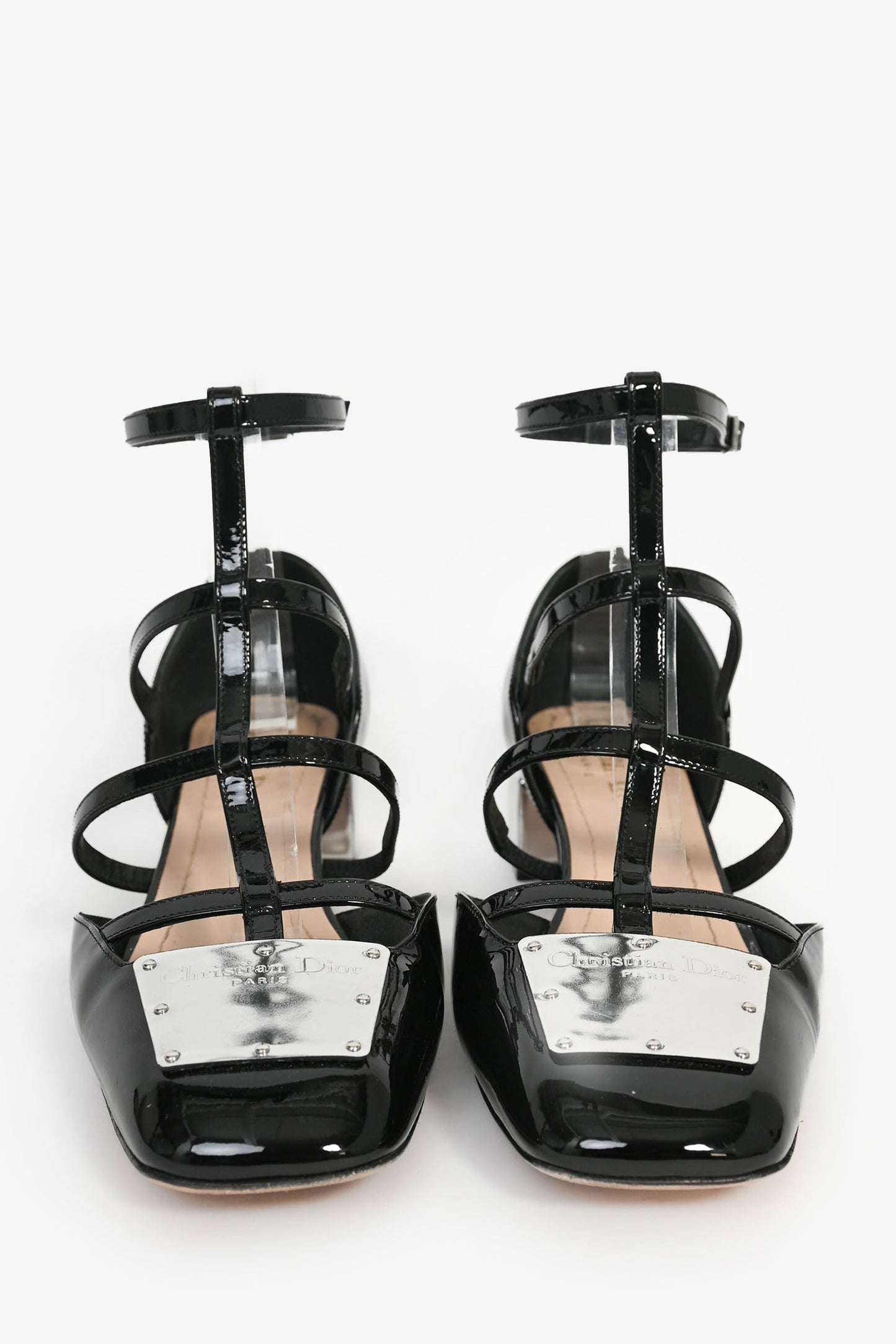 Christian Dior Black Patent T-Strap Silver Block Heels Size 37
