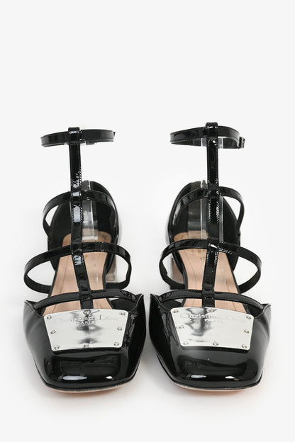 Christian Dior Black Patent T-Strap Silver Block Heels Size 37