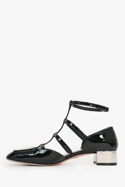 Christian Dior Black Patent T-Strap Silver Block Heels Size 37