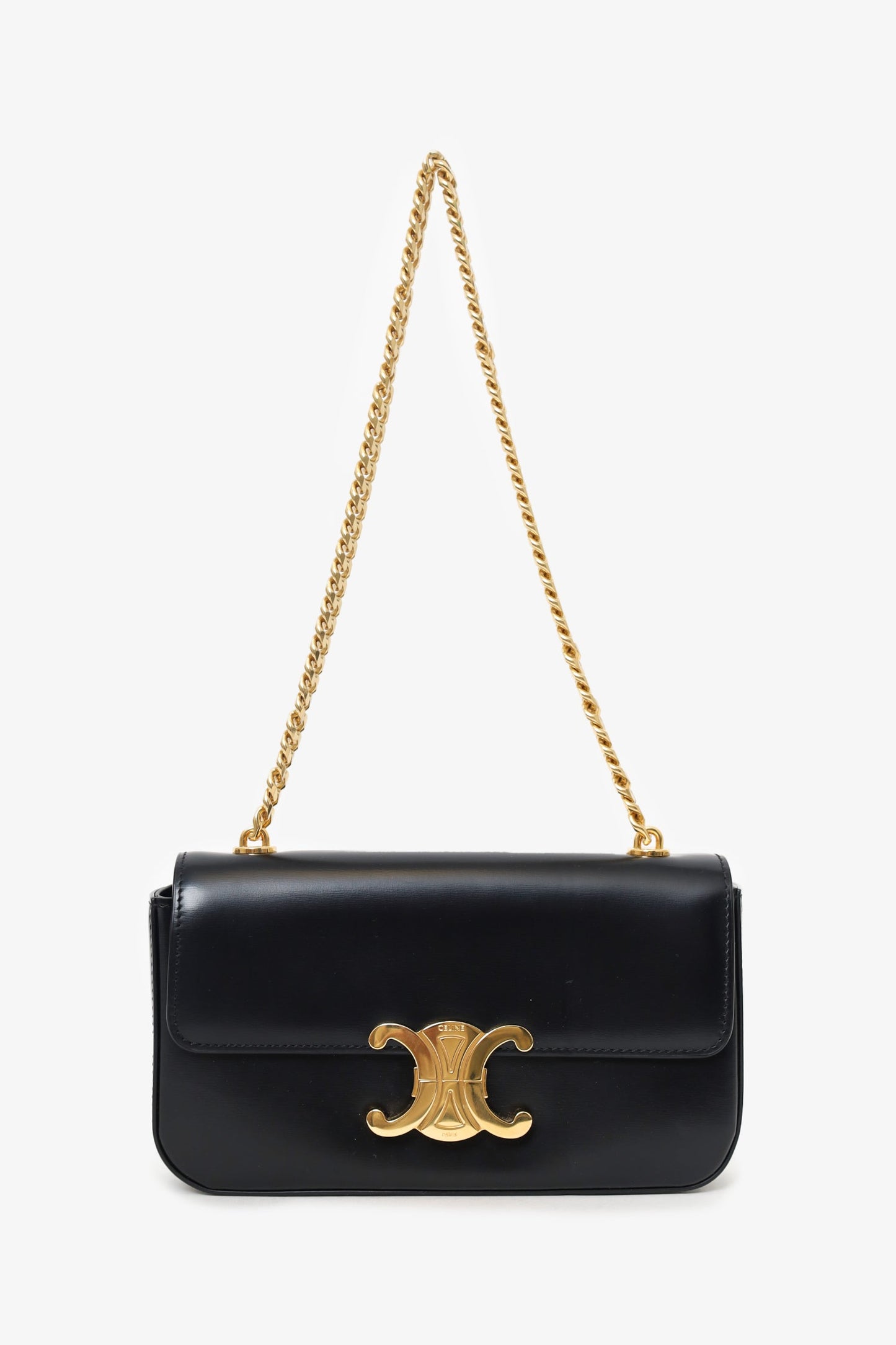 Celine Black Leather Claude Triomphe Chain Shoulder Bag
