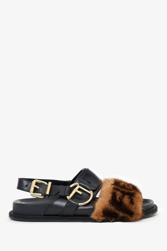 Fendi Black/Brown Leather/Mink Fur Trim Sandals Size 37