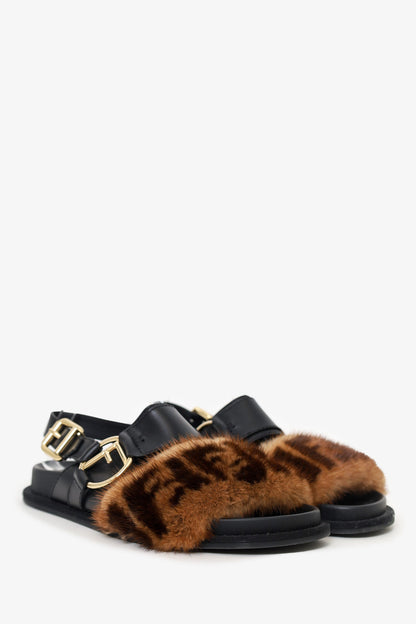 Fendi Black/Brown Leather/Mink Fur Trim Sandals Size 37