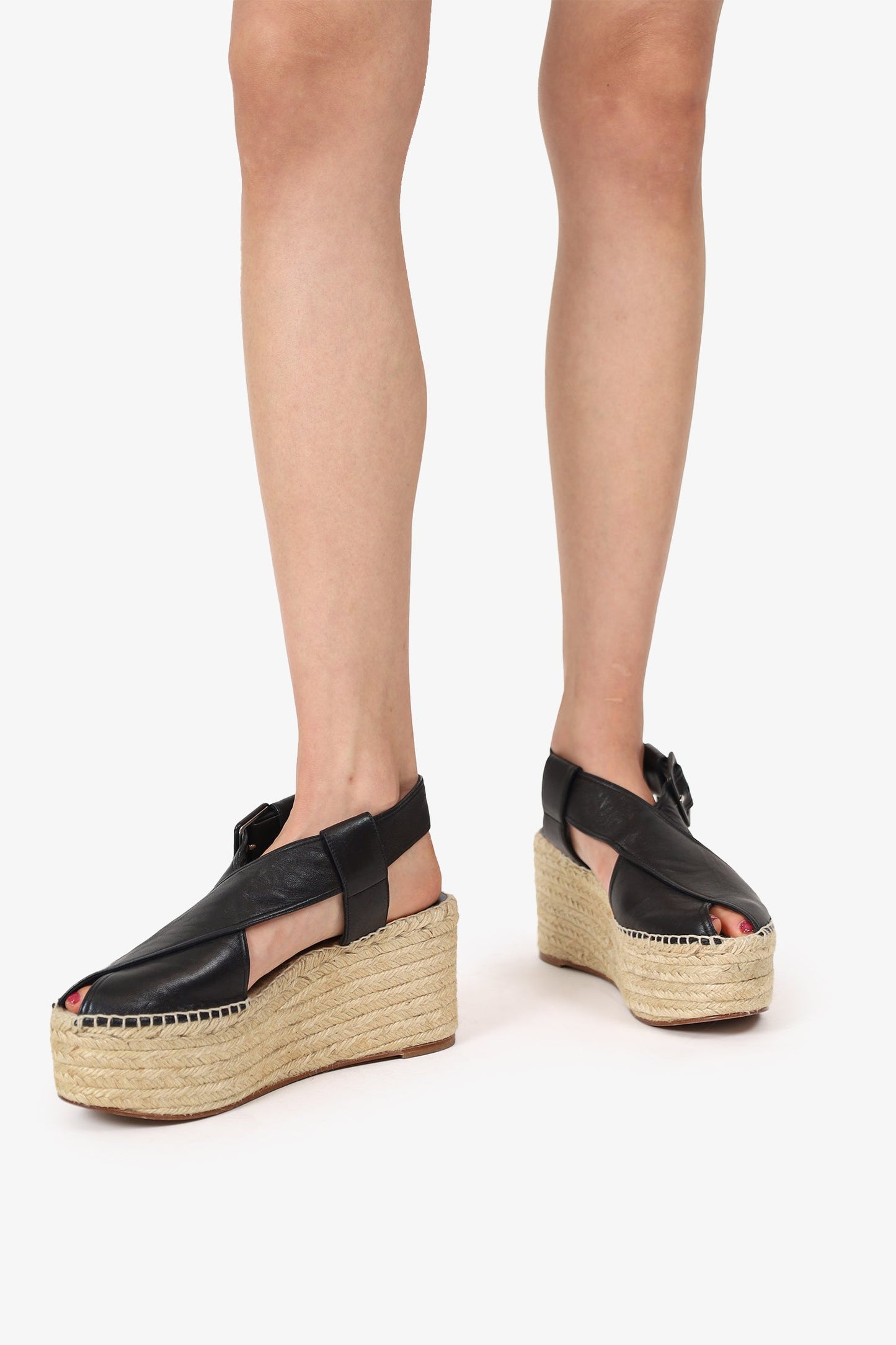 Celine Black Leather Peep-Toe Buckle Espadrille Wedges Size 40