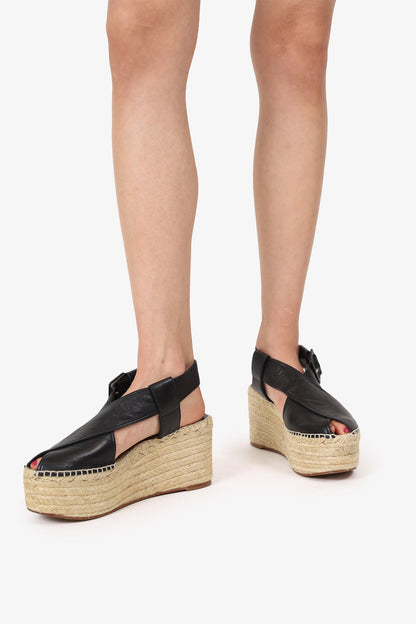 Celine Black Leather Peep-Toe Buckle Espadrille Wedges Size 40