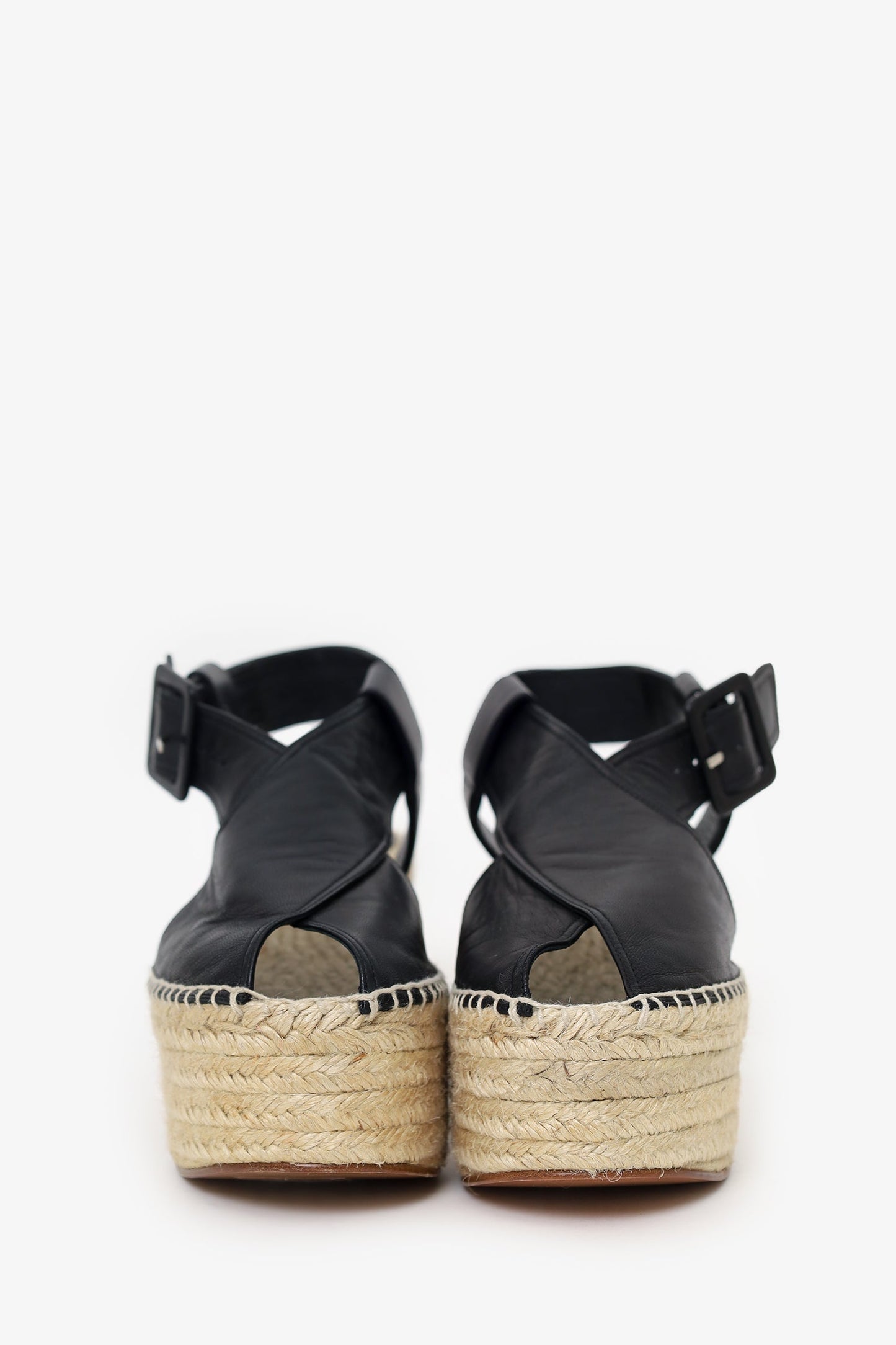 Celine Black Leather Peep-Toe Buckle Espadrille Wedges Size 40