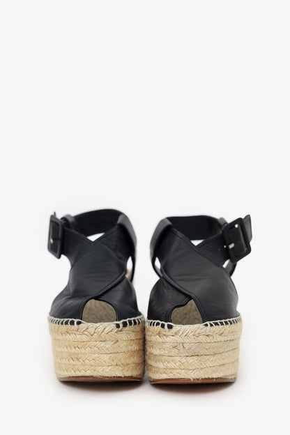 Celine Black Leather Peep-Toe Buckle Espadrille Wedges Size 40