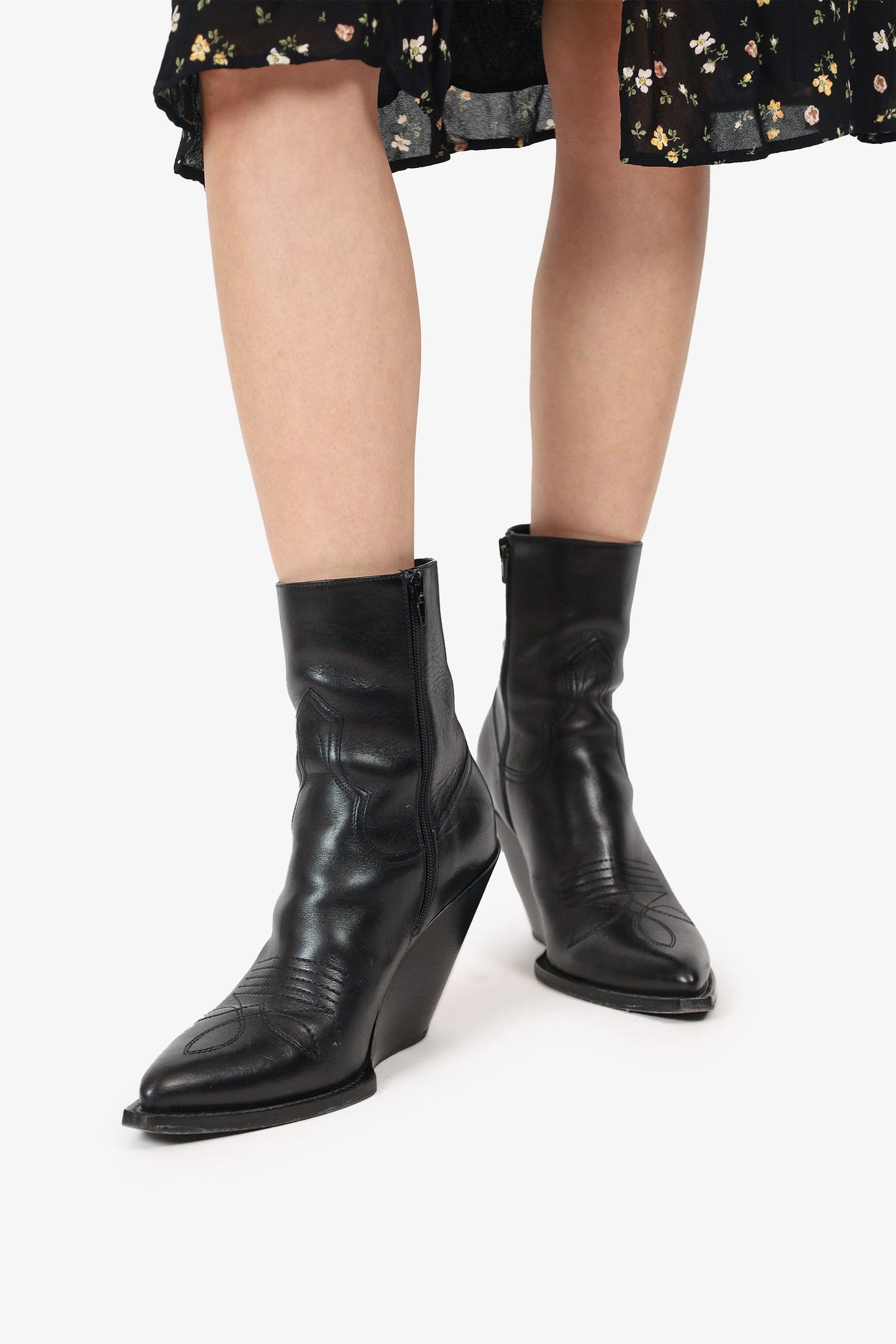 Celine Black Leather Western Stitched Wedge Pointed Toe Booties Size 40