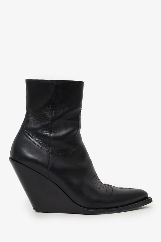 Celine Black Leather Western Stitched Wedge Pointed Toe Booties Size 40