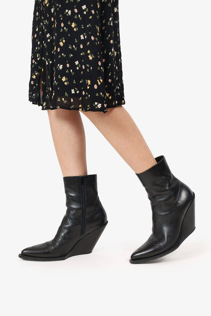 Celine Black Leather Western Stitched Wedge Pointed Toe Booties Size 40