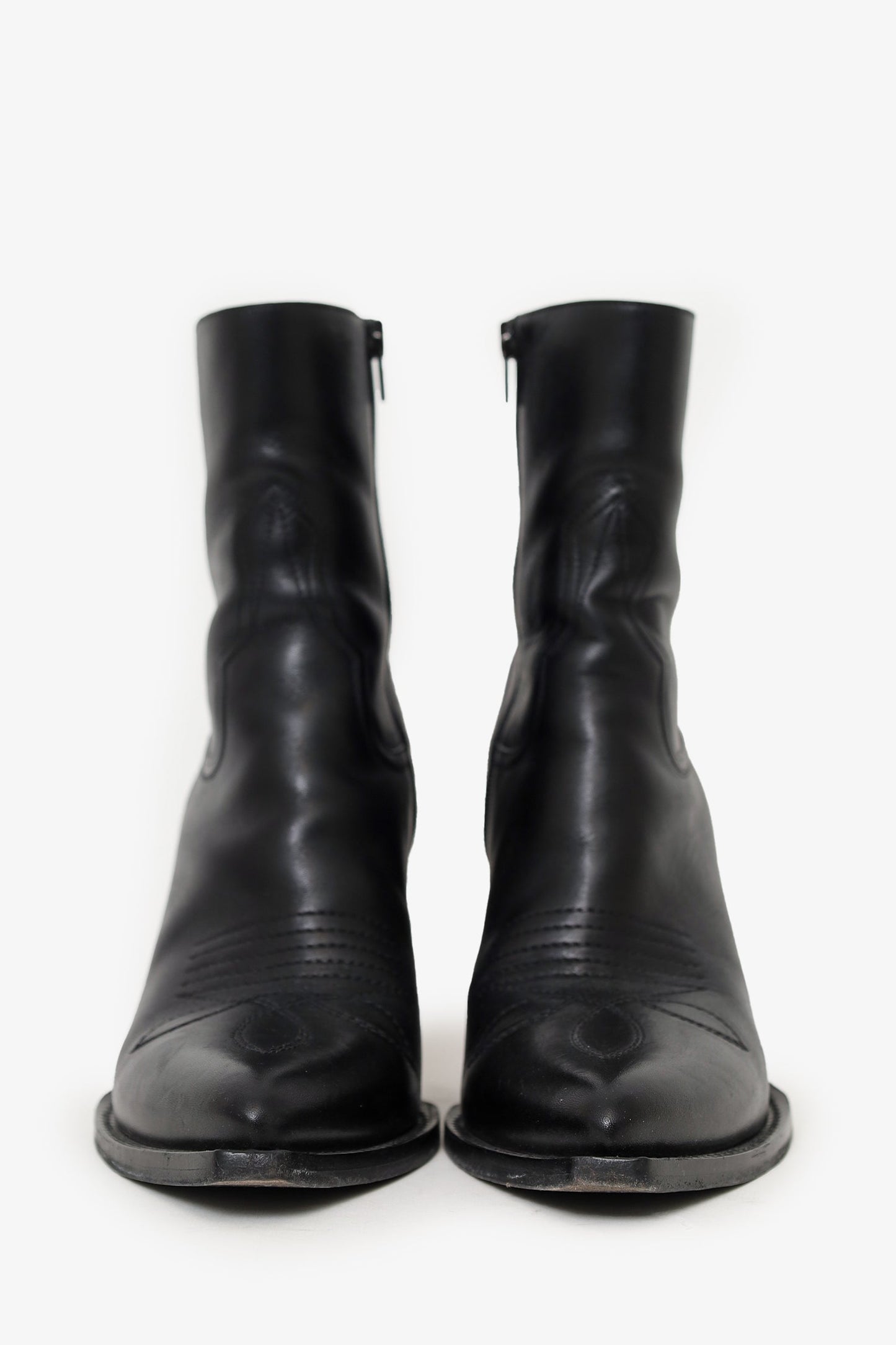 Celine Black Leather Western Stitched Wedge Pointed Toe Booties Size 40