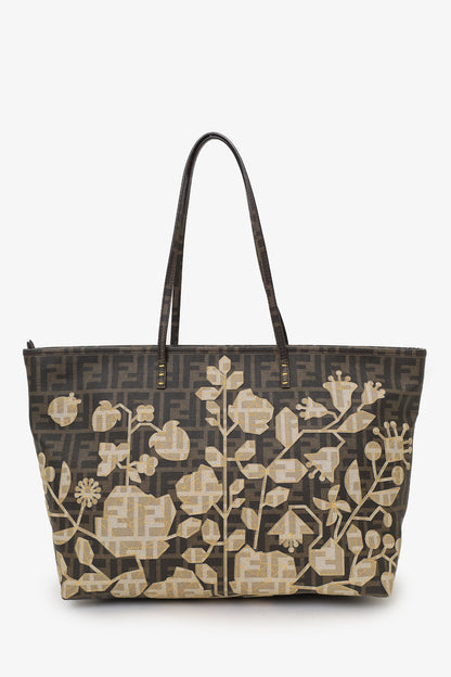 Fendi Brown Flower Spalmati Monogram FF Zucca Roll Tote Bag