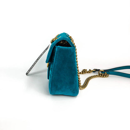 Gucci Marmont Matelasse Shoulder Bag Small in Peacock Blue Velvet