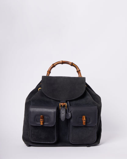 Gucci Vintage Navy Blue Suede Leather Bamboo Bag