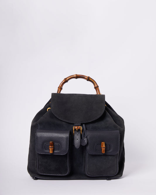 Gucci Vintage Navy Blue Suede Leather Bamboo Bag