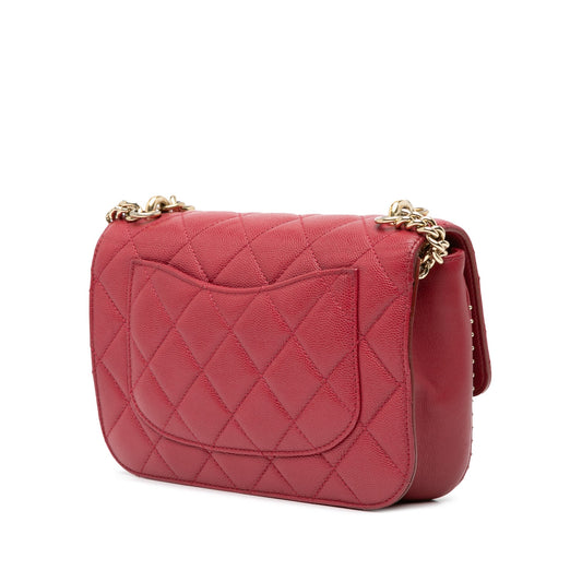 Red Chanel Small Quilted Caviar Studded Chain Handle Flap Satchel