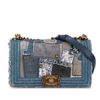 Chanel Medium Patchwork Denim Le Boy Flap Bag Denim Shoulder Bag in Good condition
